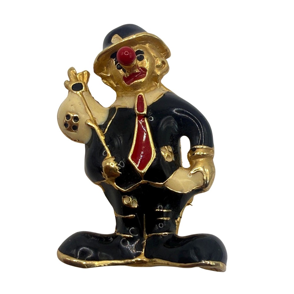 Vintage Clown‎ Brooch Gold Tone Enamel Hobo Clown Figural Pin Red Nose